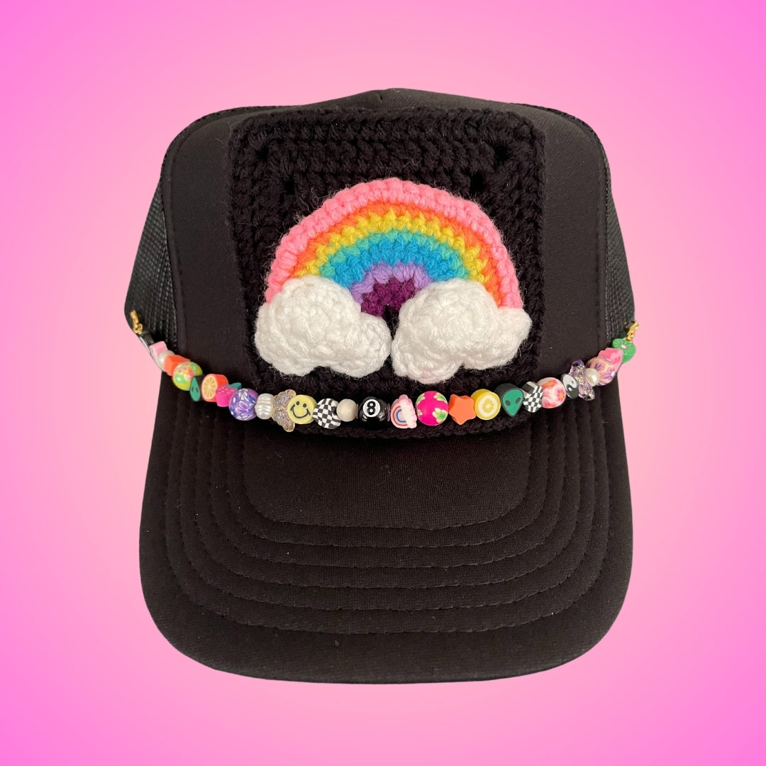 Crochet Rainbow Granny Square Patched Trucker Hat