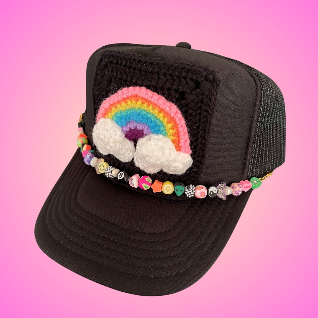 Crochet Rainbow Granny Square Patched Trucker Hat